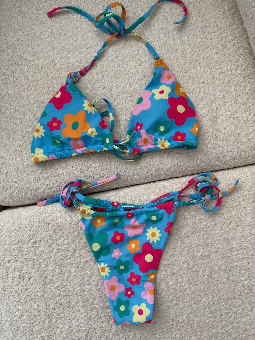 Floral Tie-Side Bikini Set - Bright Blue